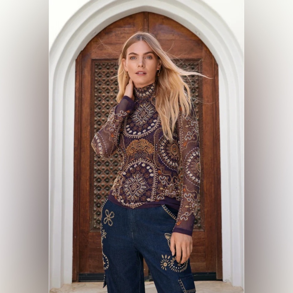 Johnny Was jade nwt loving is easy mesh tee Elegant Paisley Long Sleeve Top